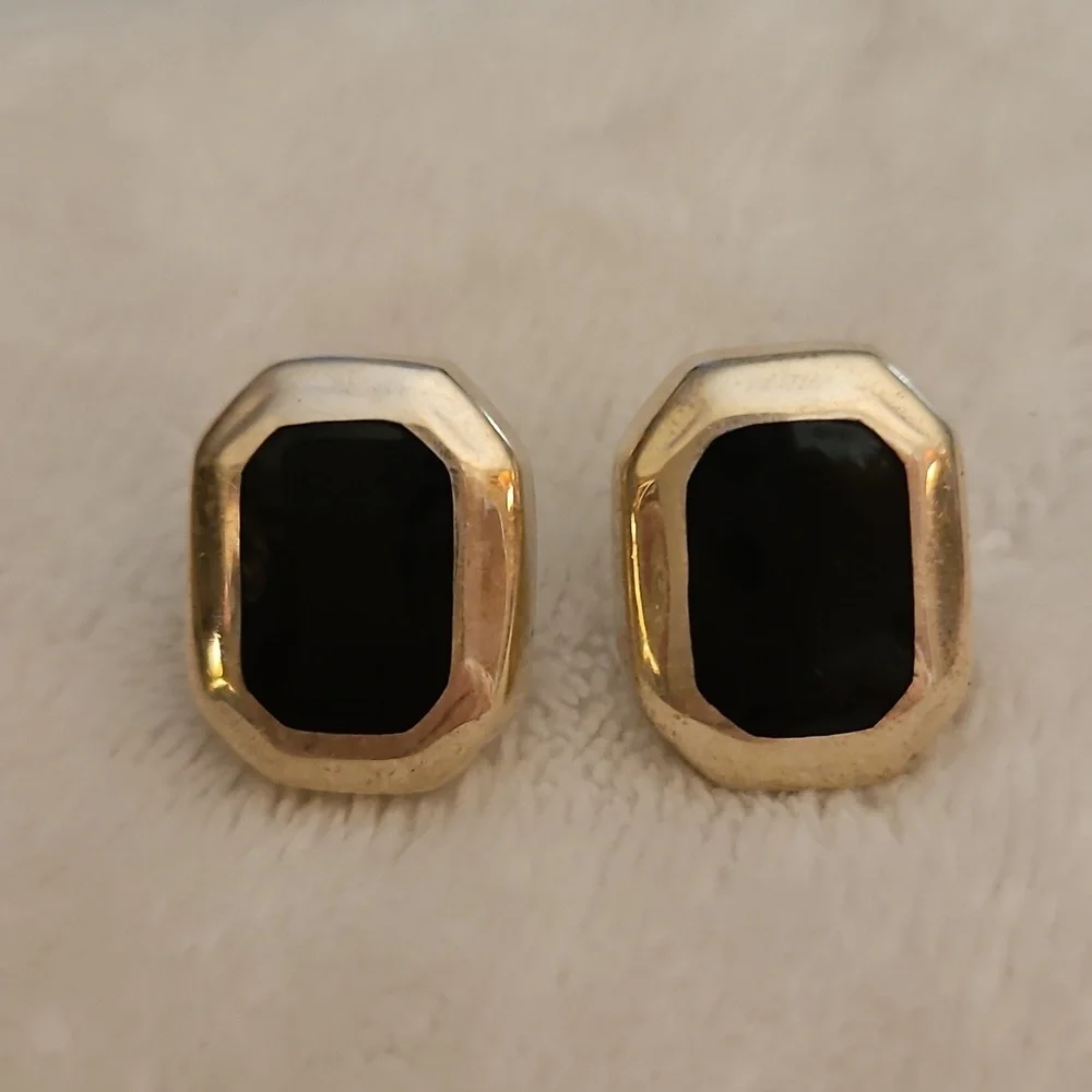 Vintage Sterling Silver 925 Black Onyx Geometric Stud Earrings